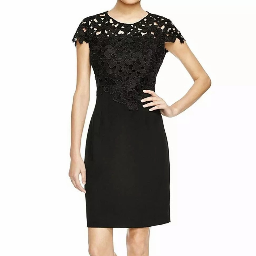 6 Tahari Carly Lace Embroidered Black Dress lbd